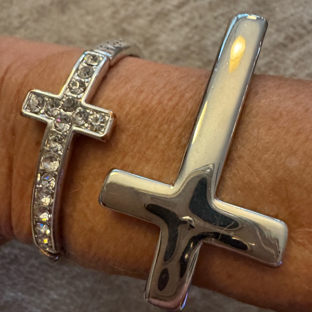 2 Silver Cross Bracelets Set